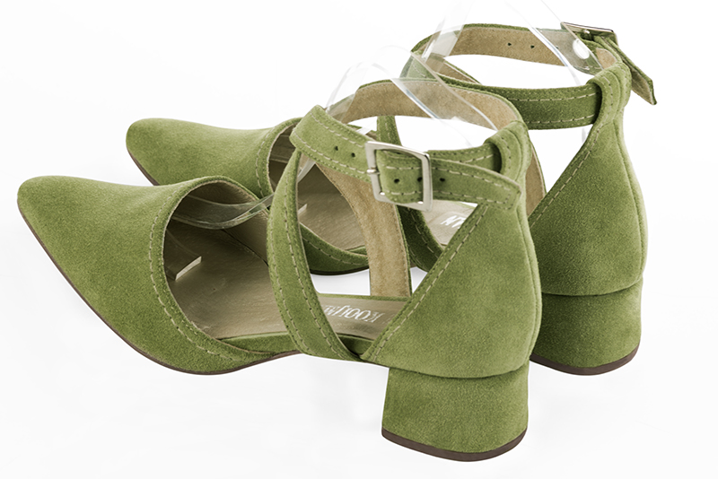 Pistachio green women's open side shoes, with crossed straps. Tapered toe. Low flare heels. Rear view - Florence KOOIJMAN
